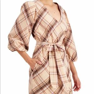 INC Women's Wrap Dress Beige Size 16 Metallic Plaid Puff Sleeve $119
